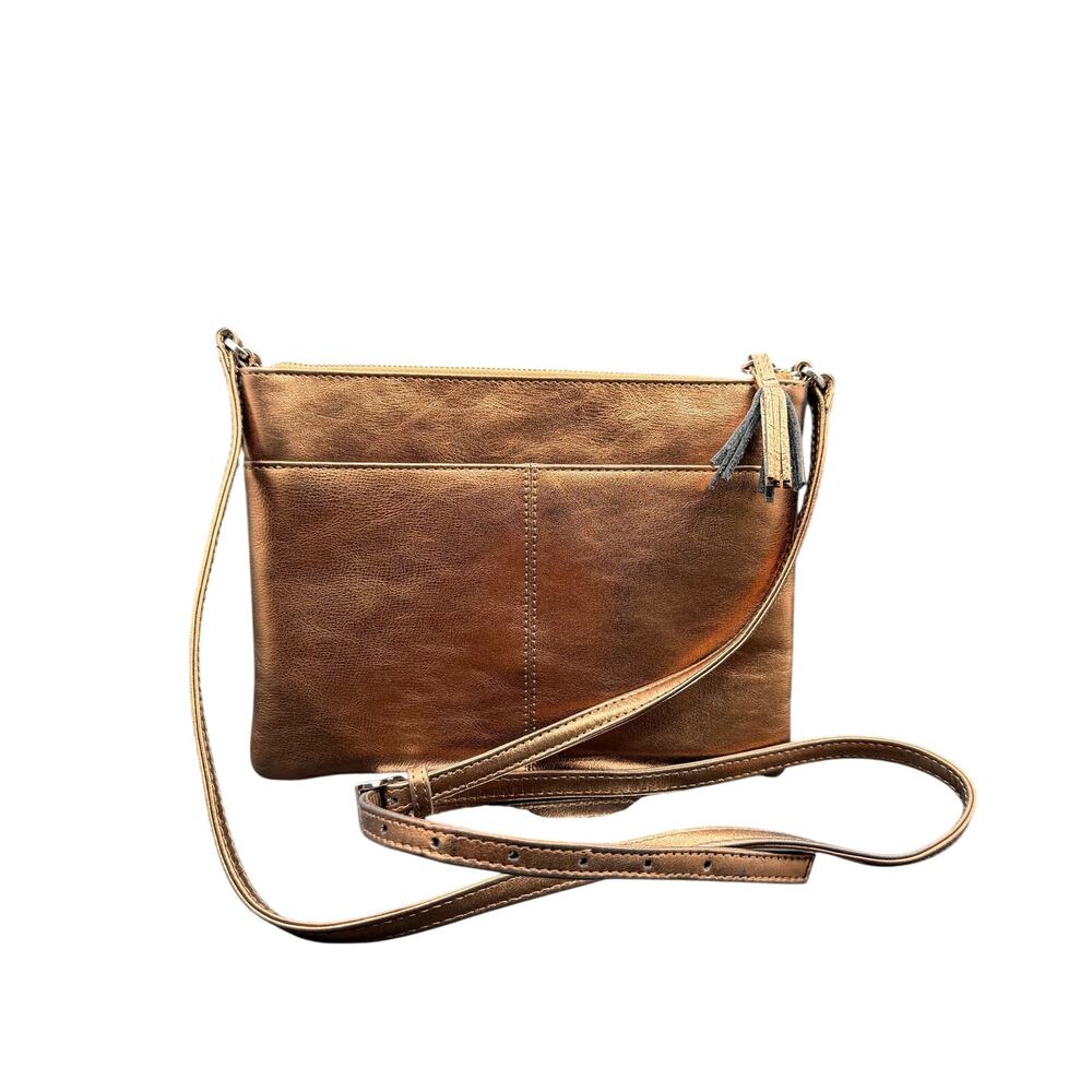 ILI New York Bronze Metallic Leather Crossbody Bag Tassel Organizer